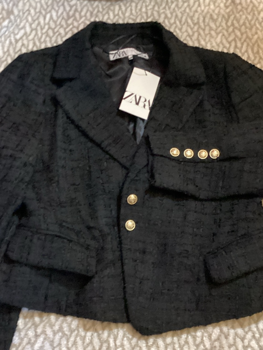 Zara Black Tweed Cropped Jacket with Gold Buttons